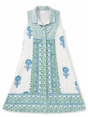 Isla Payal Sleeveless Block Print Cotton Maxi Dress White Blue Green Resort Boho